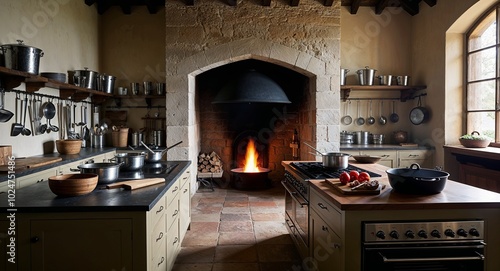 Busy kitchen in a castle with cooking utensils arranged neatly and a large hearth