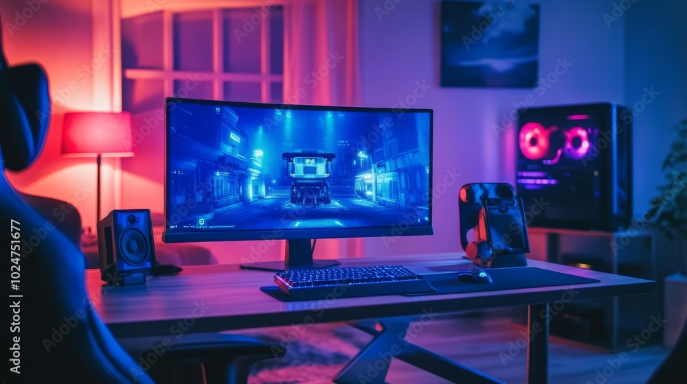 Gaming room with a stylish computer on a desk, neon lights in shades of purple and blue, AI-inspired digital worlds displayed on the monitors. Gaming room with a stylish computer on a desk, neon lights in shades of purple and blue, AI-inspired digital worlds displayed on the monitors.