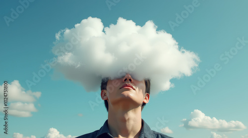 Creative Conceptual Image of Person with Their Head in the Clouds, Symbolizing Daydreaming, Imagination, and Mindfulness