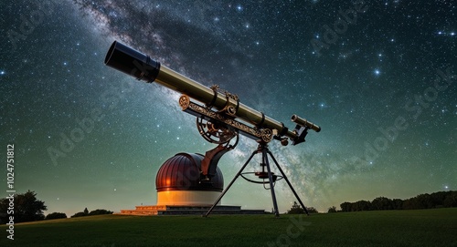 Celestial observatory with an ornate telescope pointed toward a field of twinkling stars photo