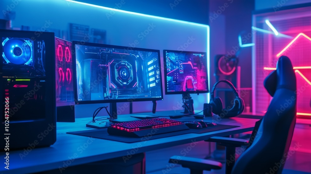 High-tech gaming setup with a glowing computer on a sleek desk, neon lights casting a futuristic glow, AI-driven visuals on the monitors.
