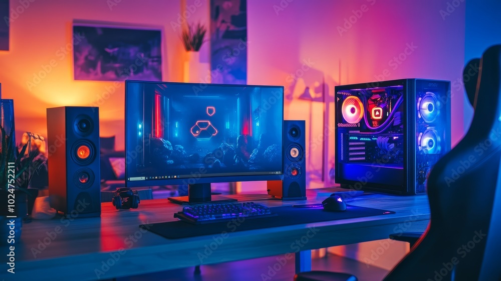 Modern gaming computer glowing on a minimalist desk, surrounded by vibrant neon lights and futuristic AI-generated graphics. Modern gaming computer glowing on a minimalist desk, surrounded by vibrant neon lights and futuristic AI-generated graphics.