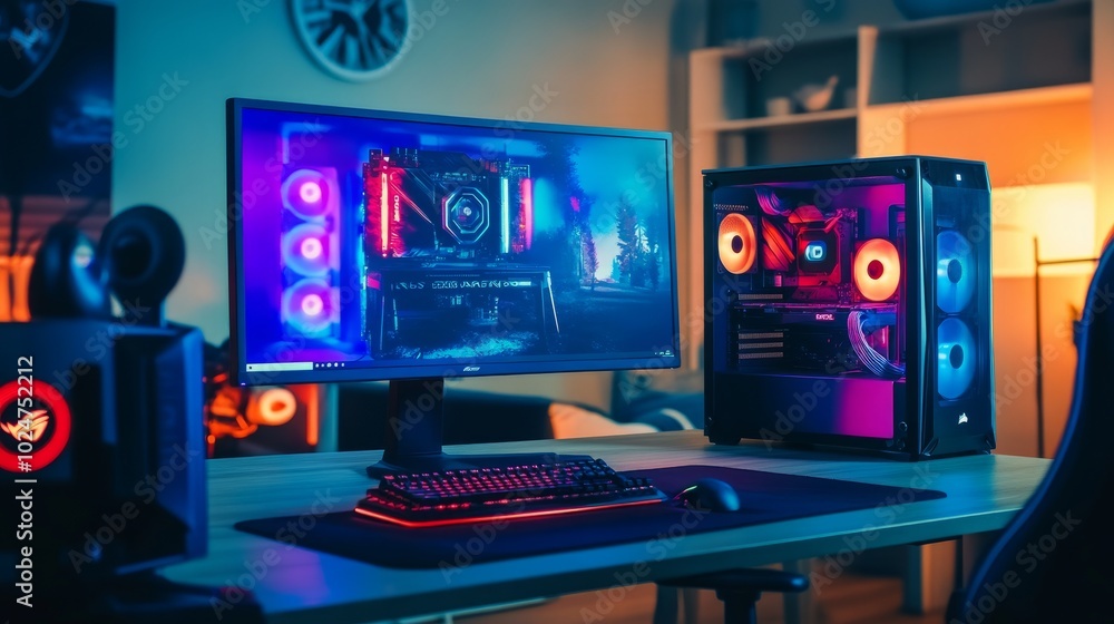 Naklejka premium Modern gaming computer glowing on a minimalist desk, surrounded by vibrant neon lights and futuristic AI-generated graphics.