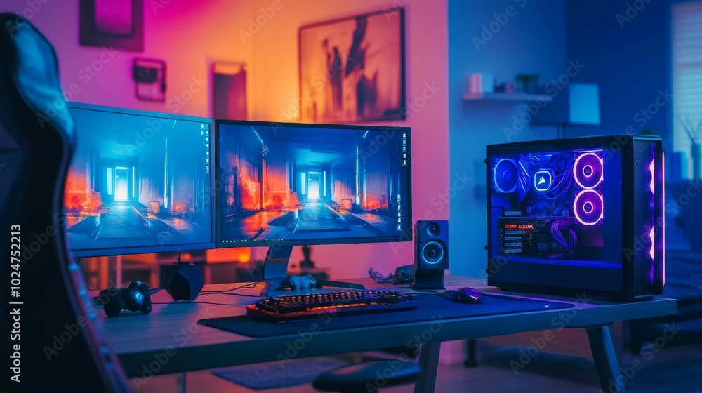 High-tech gaming setup with a glowing computer on a sleek desk, neon lights casting a futuristic glow, AI-driven visuals on the monitors. High-tech gaming setup with a glowing computer on a sleek desk, neon lights casting a futuristic glow, AI-driven visuals on the monitors.