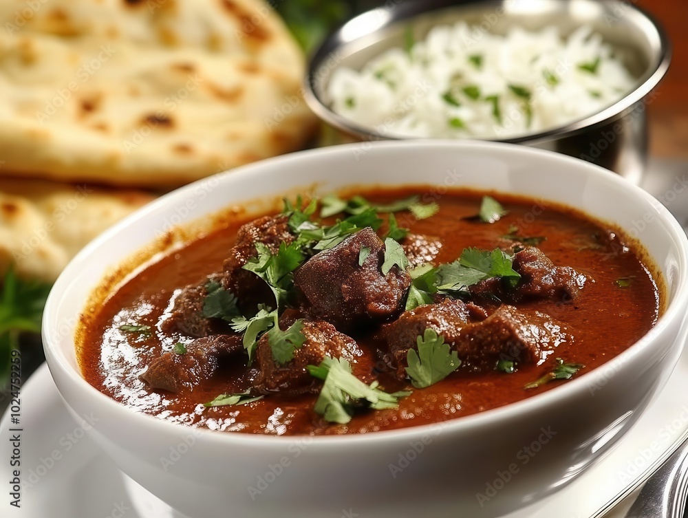delectable traditional indian beef soup lavishly garnished with fragrant cumin and fresh herbs, served alongside warm naan bread and a side of spiced rice, evoking a rich culinary experience delectable traditional indian beef soup lavishly garnished with fragrant cumin and fresh herbs, served alongside warm naan bread and a side of spiced rice, evoking a rich culinary experience
