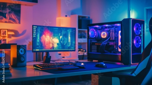 Modern gaming computer glowing on a minimalist desk, surrounded by vibrant neon lights and futuristic AI-generated graphics.