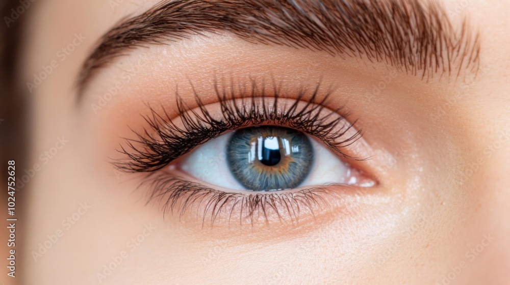 Close-up of blue eye with long eyelashes for beauty and health industry use Close-up of blue eye with long eyelashes for beauty and health industry use