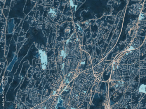 Painterly Style City Map of Hamden Connecticut, USA in a Blue Color Scheme.