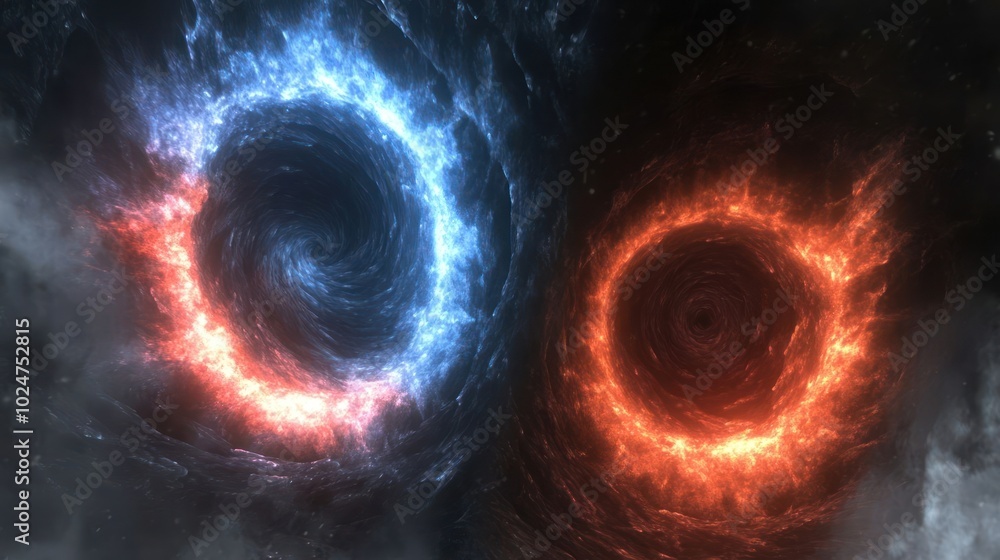 A digital artwork depicting two swirling vortexes, one blue and one red, in a cosmic setting. A digital artwork depicting two swirling vortexes, one blue and one red, in a cosmic setting.