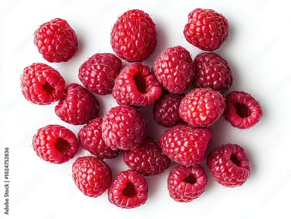 delicious, fresh red raspberries isolated on a pristine white background, showcasing their vibrant color and juicy texture, perfect for food photography and culinary use delicious, fresh red raspberries isolated on a pristine white background, showcasing their vibrant color and juicy texture, perfect for food photography and culinary use