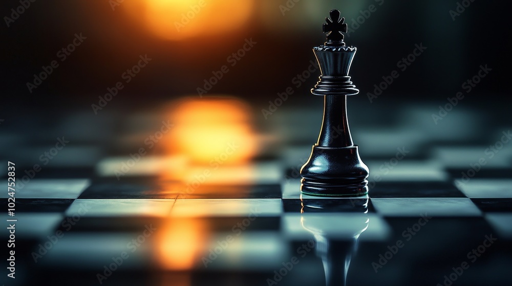 Dramatic Chess Scene Featuring a Single King Piece on Reflective Board with Deep Shadows, Highlighting Dominance and Strategy in a Cinematic Atmosphere Dramatic Chess Scene Featuring a Single King Piece on Reflective Board with Deep Shadows, Highlighting Dominance and Strategy in a Cinematic Atmosphere