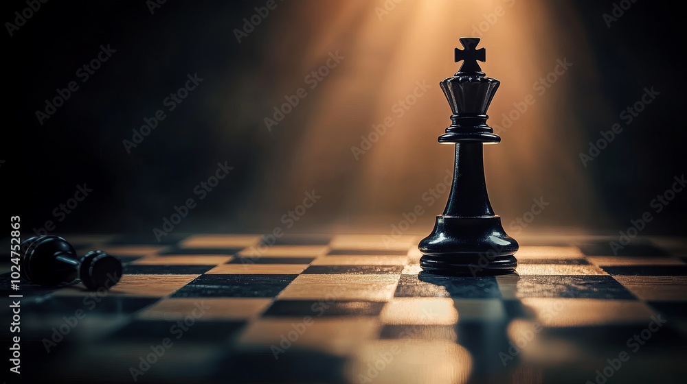 Dramatic Chess Scene Featuring a Single King Piece on Reflective Board with Deep Shadows, Highlighting Dominance and Strategy in a Cinematic Atmosphere Dramatic Chess Scene Featuring a Single King Piece on Reflective Board with Deep Shadows, Highlighting Dominance and Strategy in a Cinematic Atmosphere