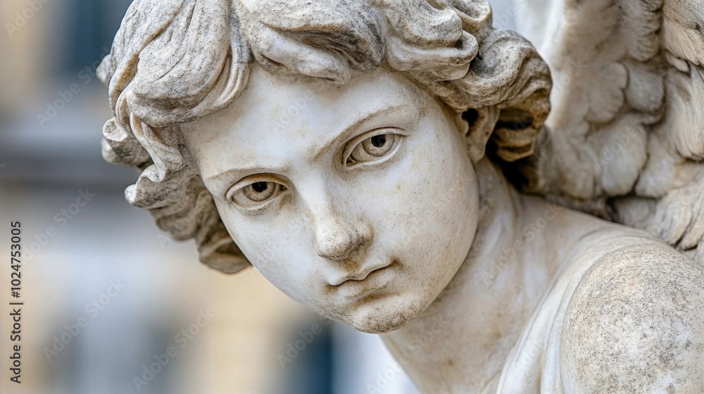 Close-up of marble angel statue with intricate details for art and design inspiration Close-up of marble angel statue with intricate details for art and design inspiration