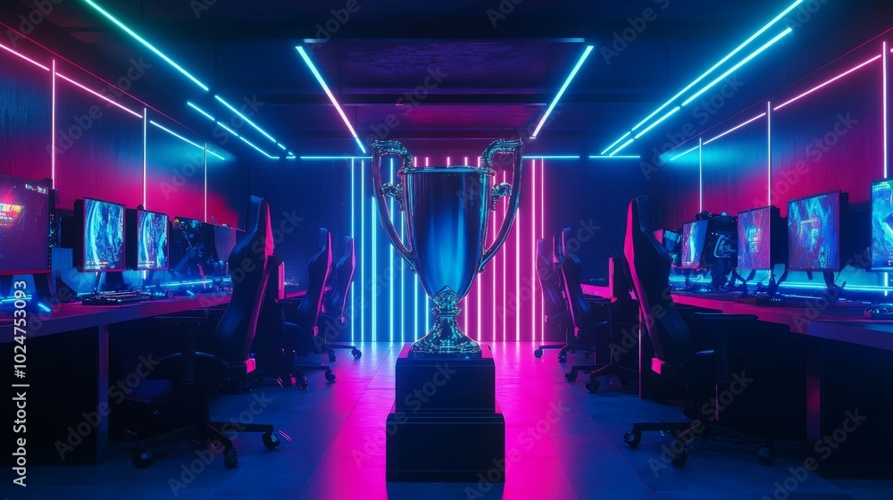 Trophy in the middle of an esports arena, glowing with neon lights, surrounded by two rows of high-tech gaming setups. Trophy in the middle of an esports arena, glowing with neon lights, surrounded by two rows of high-tech gaming setups.