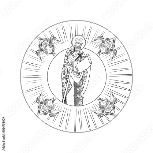 Saint Gregory Palamas (name english). Greek medallion- coloring page in Byzantine style