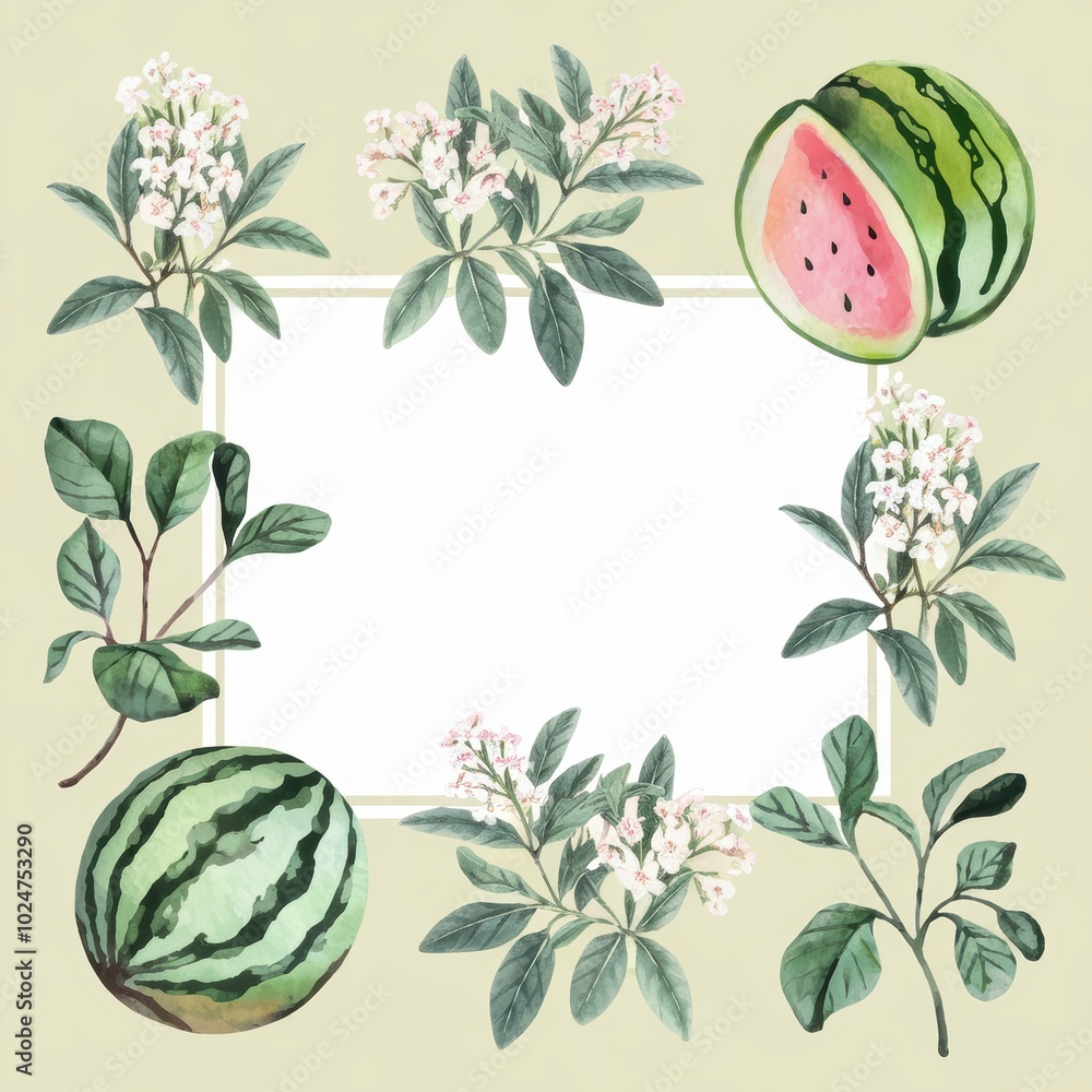 Fototapeta premium Watercolor Floral & Watermelon Border Frame for Summer Designs