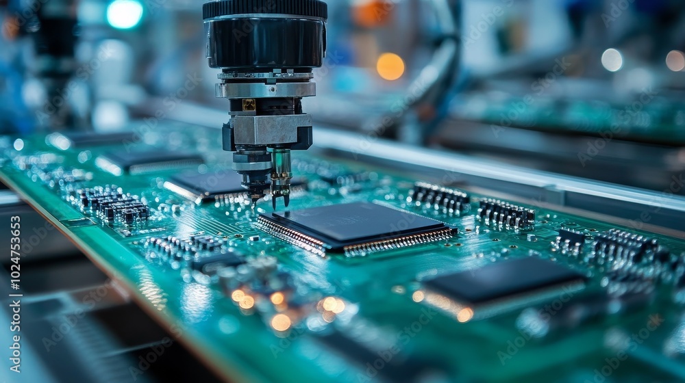 Advanced Robotic Arms Assembling High-Tech Chip Components in a Precision Engineering Environment for Futuristic Technology and Automation in the Electronics Industry Advanced Robotic Arms Assembling High-Tech Chip Components in a Precision Engineering Environment for Futuristic Technology and Automation in the Electronics Industry