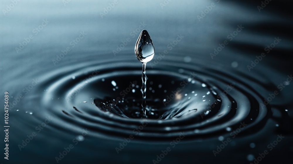 Close-up of a single water droplet splashing into a calm water surface, creating ripples and a reflective effect in low light setting. Close-up of a single water droplet splashing into a calm water surface, creating ripples and a reflective effect in low light setting.