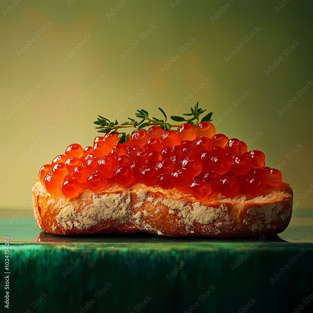Slice of bread with red caviar and herb garnish, elegant appetizer. Slice of bread with red caviar and herb garnish, elegant appetizer.