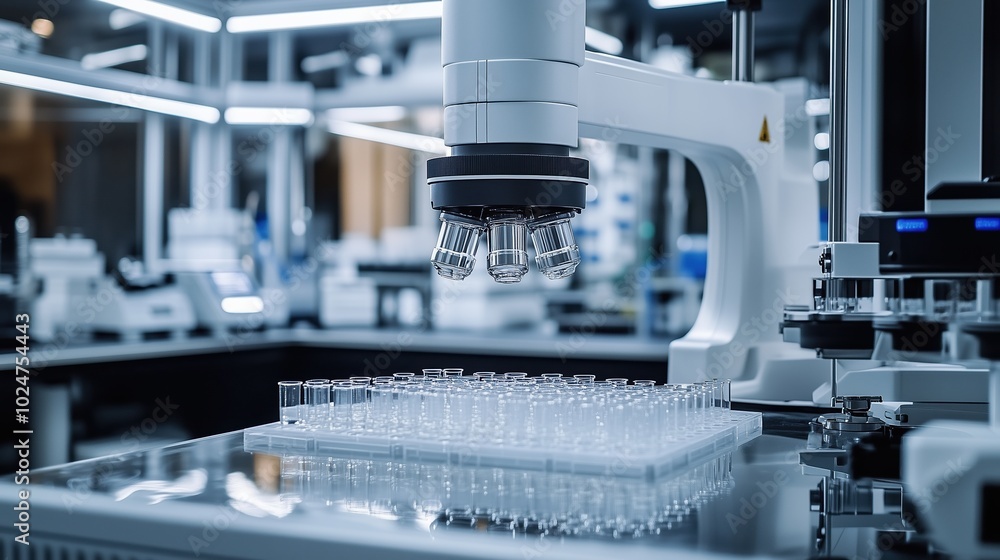 Close-up of a Sterile Biotech Lab with Sleek Automated Machines Producing Synthetic Biological Materials, Showcasing a High-Tech and Precise Environment. Close-up of a Sterile Biotech Lab with Sleek Automated Machines Producing Synthetic Biological Materials, Showcasing a High-Tech and Precise Environment.