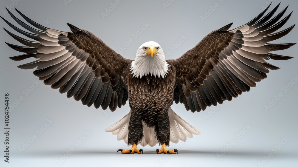 Obraz premium Bald eagle with outstretched wings against a neutral background, showcasing detailed feather textures and intense gaze