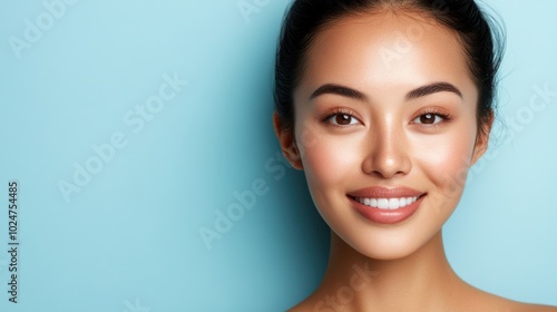 Beauty portrait of smiling woman model against blue background for skincare advertising