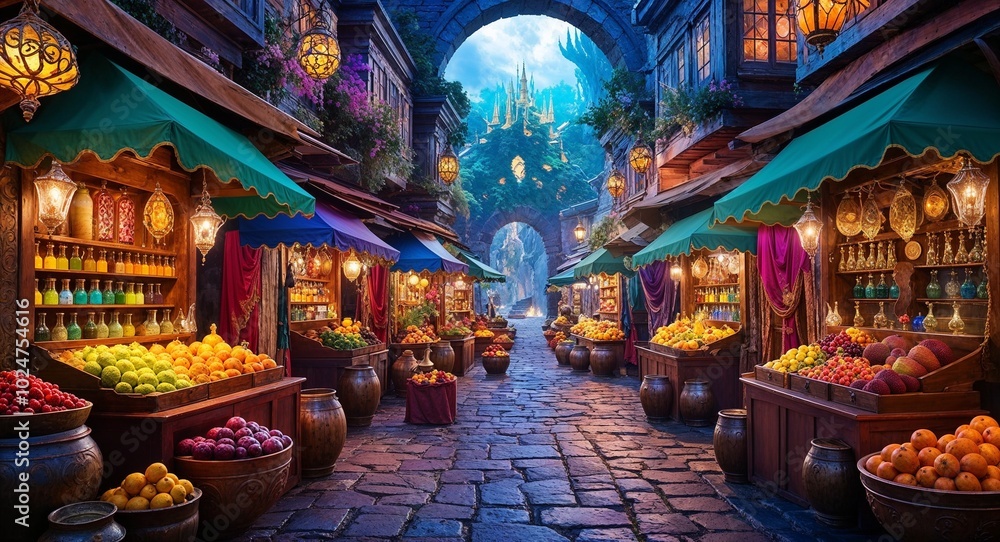 Fototapeta premium Magical marketplace bustling with colorful stalls selling potions enchanted artifacts and exotic fruits