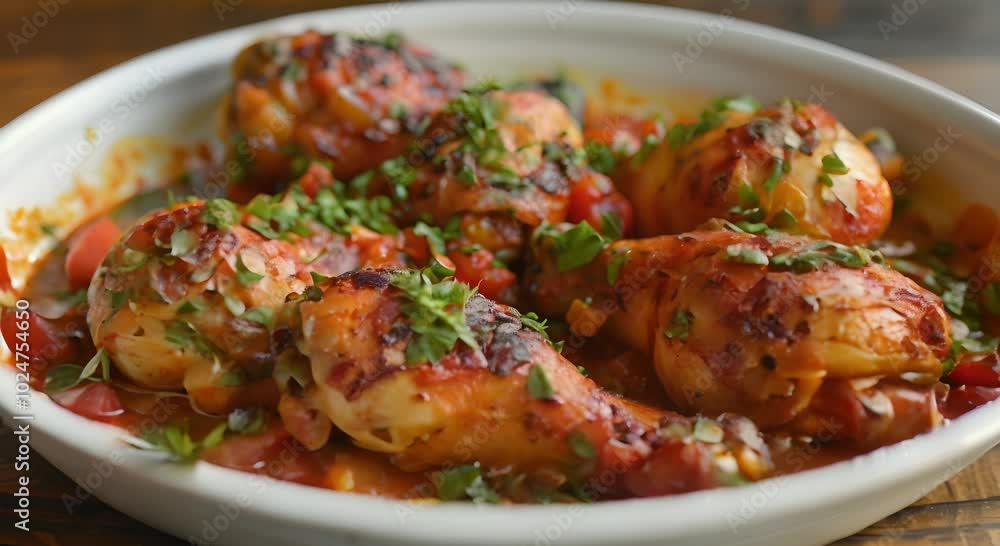 Close-up of Glazed Chicken Drumsticks with Parsley in a White Bowl Close-up of Glazed Chicken Drumsticks with Parsley in a White Bowl