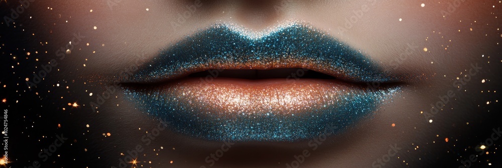 Close-up of Full Female Lips with Blue and Gold Glitter Lipstick on a Black Glittering Background Close-up of Full Female Lips with Blue and Gold Glitter Lipstick on a Black Glittering Background