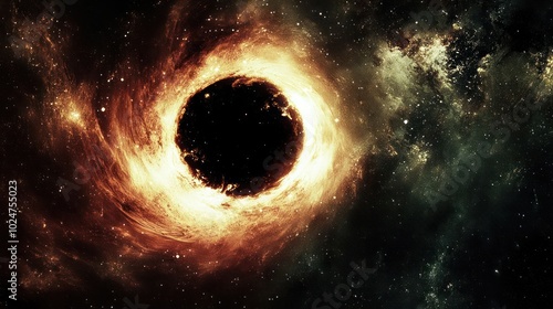 A cosmic black hole surrounded by swirling gas and light, representing the mysteries of space.