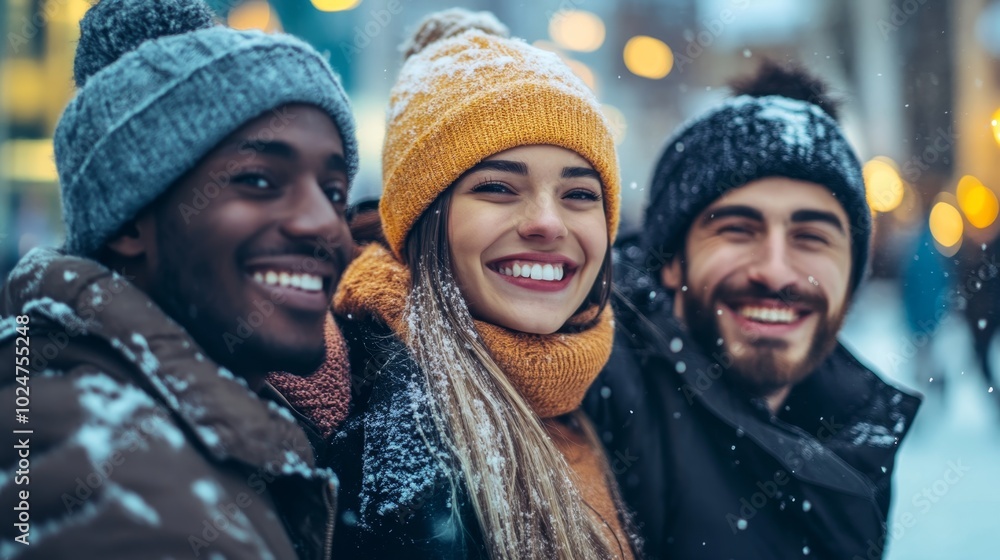 Three friends enjoying a snowy day in the city, smiling and dressed warmly, surrounded by winter scenery and festive lights Three friends enjoying a snowy day in the city, smiling and dressed warmly, surrounded by winter scenery and festive lights