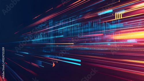 a dynamic, abstract representation of motion with blurred lines and vibrant colors, suggesting speed and movement. Overlaying the scene are digital elements like arrows and data graphs