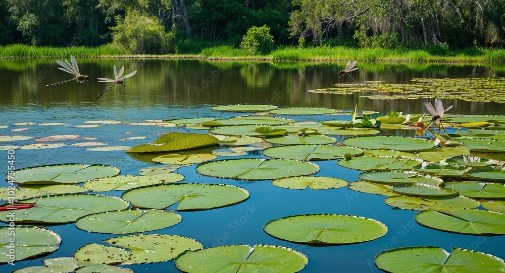 Peaceful lagoon with lily pads floating on the surface and dragonflies flitting about Peaceful lagoon with lily pads floating on the surface and dragonflies flitting about
