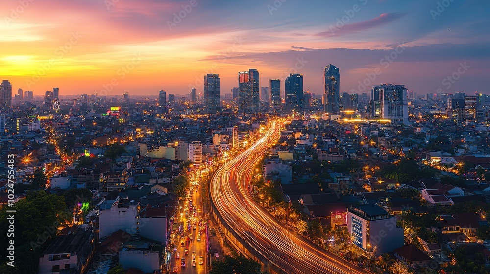 Fototapeta premium City skyline at dusk with vibrant clouds and light trails from busy traffic in a bustling urban area