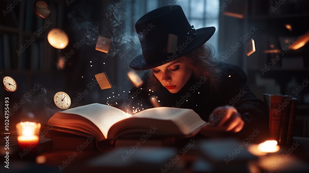 A mysterious figure explores ancient wisdom in an enchanting library filled with floating books and candles at night A mysterious figure explores ancient wisdom in an enchanting library filled with floating books and candles at night