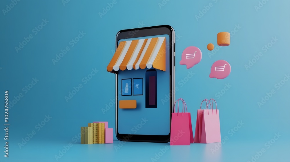 a large smartphone displaying an online store interface, complete with shop elements like a storefront and a striped awning. Next to it, there are shopping bags and text bubbles, emphasizing social a large smartphone displaying an online store interface, complete with shop elements like a storefront and a striped awning. Next to it, there are shopping bags and text bubbles, emphasizing social