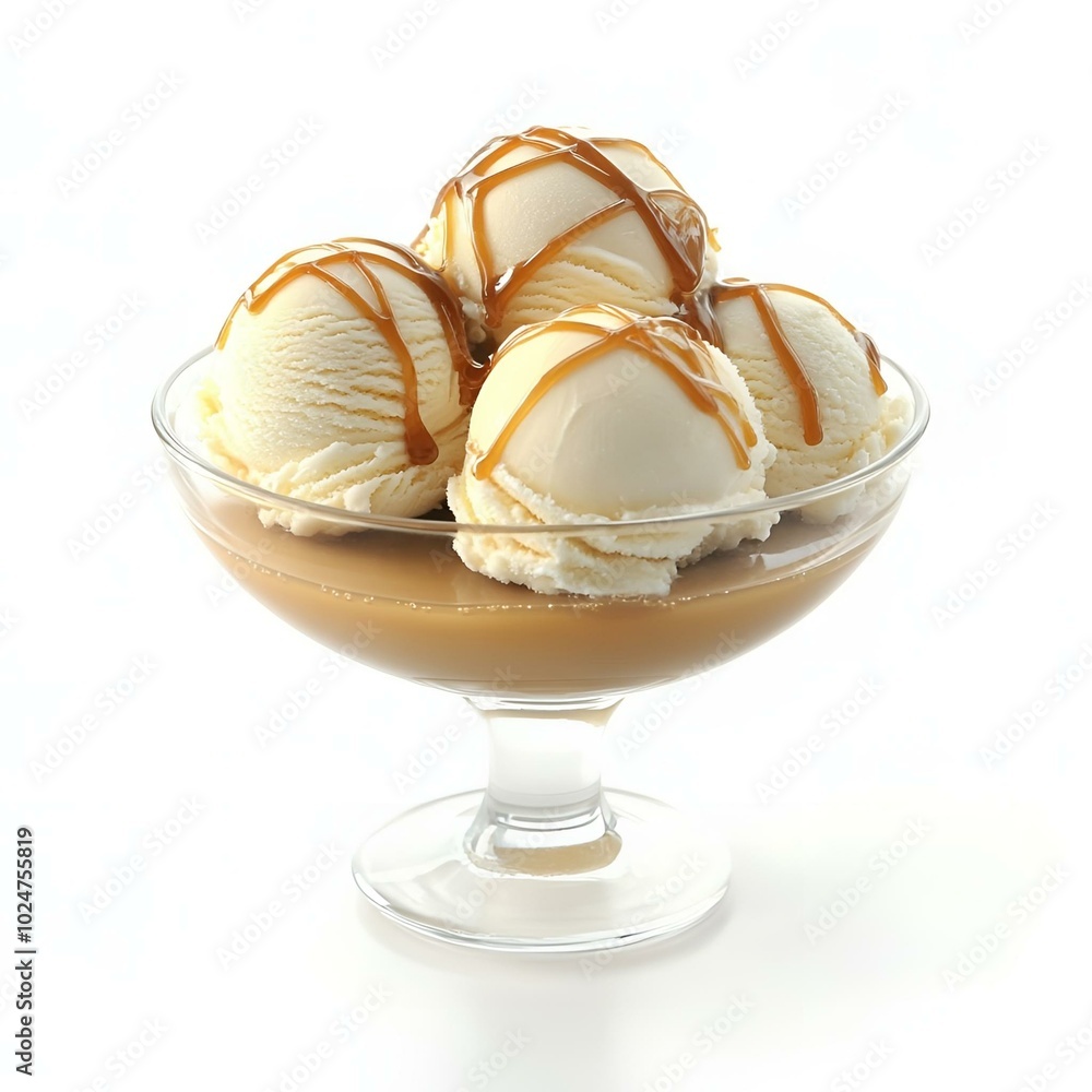 Vanilla ice cream scoops with caramel drizzle, indulgent dessert bowl.