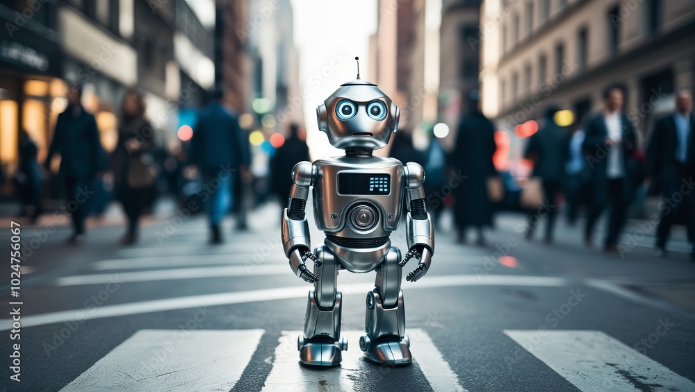 a confused metallic robot standing in street a confused metallic robot standing in street