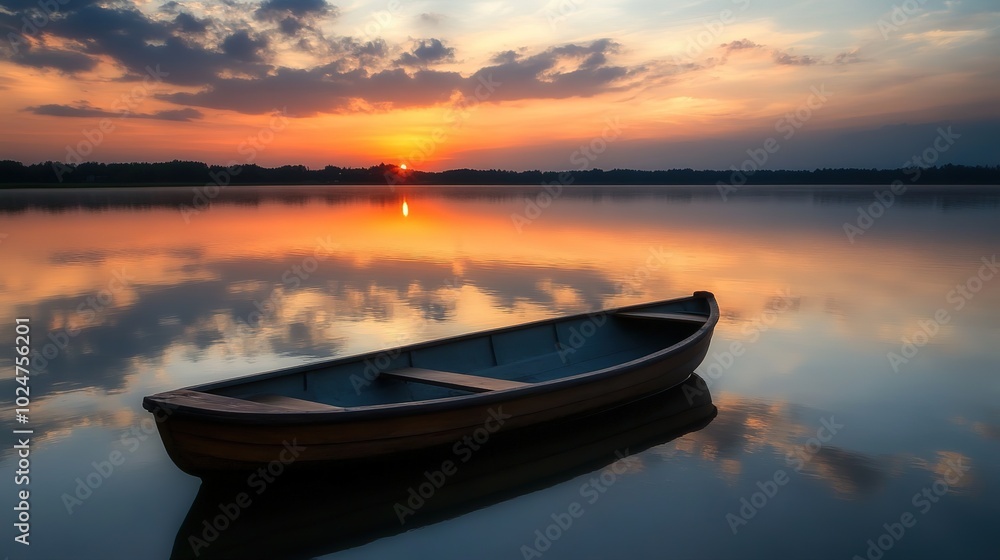 A solitary boat floats on a tranquil lake at dawn, surrounded by mist and dense forest in the early morning light A solitary boat floats on a tranquil lake at dawn, surrounded by mist and dense forest in the early morning light