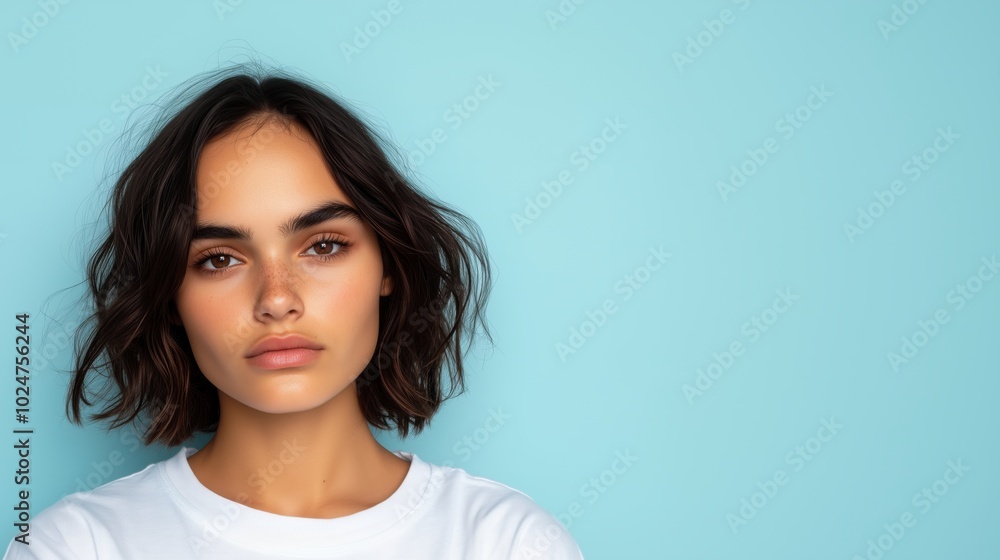 Youthful elegance: portrait of a young woman in a white t-shirt on pastel background Youthful elegance: portrait of a young woman in a white t-shirt on pastel background
