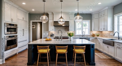 Spacious kitchen with an island seating area pendant lights and a modern design