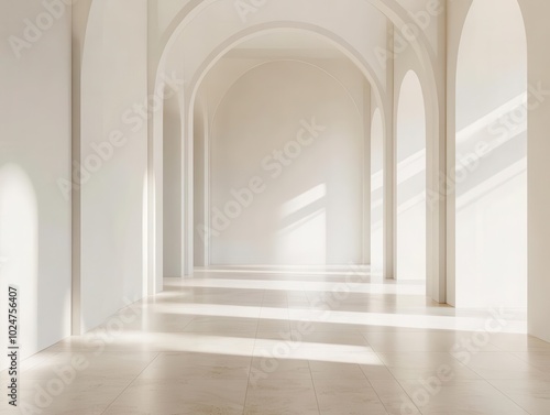 empty classical design white wall, paired with light-colored floors, creating a spacious, elegant mock-up environment, ideal for showcasing art or photography in a sophisticated setting