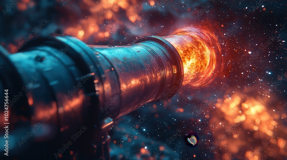 A visually stunning illustration of a futuristic metallic cannon emitting flames into a cosmic backdrop filled with stars and celestial objects. A visually stunning illustration of a futuristic metallic cannon emitting flames into a cosmic backdrop filled with stars and celestial objects.