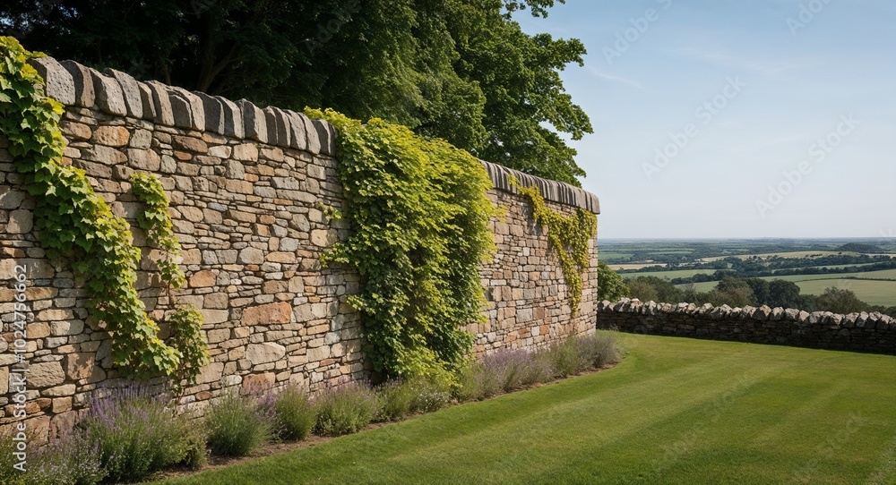 Stone wall covered in climbing ivy and a view of the countryside beyond Stone wall covered in climbing ivy and a view of the countryside beyond