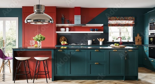 Stylish kitchen with a contemporary design bold colors and decorative accents