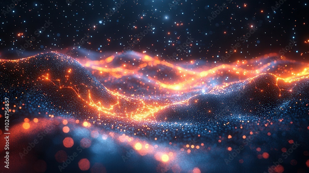 A captivating abstract illustration featuring dynamic waves of glowing particles against a dark backdrop, creating a mesmerizing cosmic effect. A captivating abstract illustration featuring dynamic waves of glowing particles against a dark backdrop, creating a mesmerizing cosmic effect.