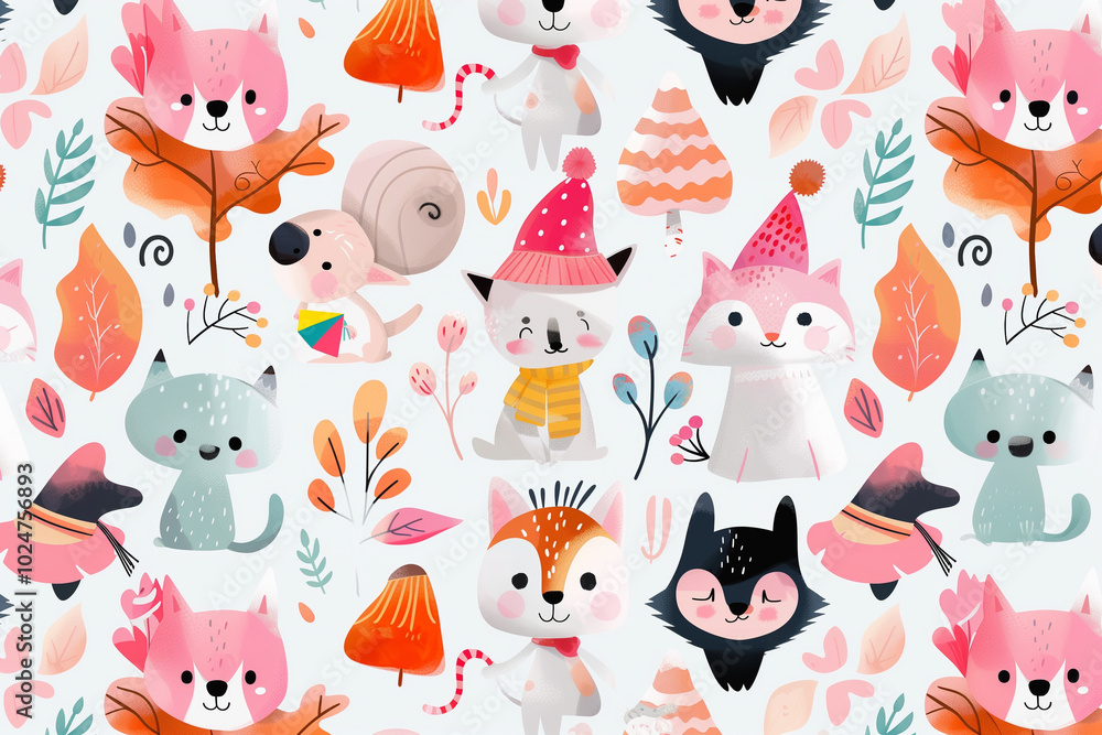 Fototapeta premium seamless pattern with whimsical and colorful illustration featuring cute woodland animals, playful autumn leaves, pumpkins, and festive elements, bright and cheerful, perfect for autumn or Halloween 
