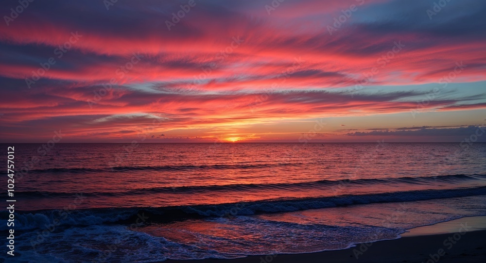 Sunset over a tranquil sea with vibrant colors painting the sky and waves gently lapping at the shore Sunset over a tranquil sea with vibrant colors painting the sky and waves gently lapping at the shore