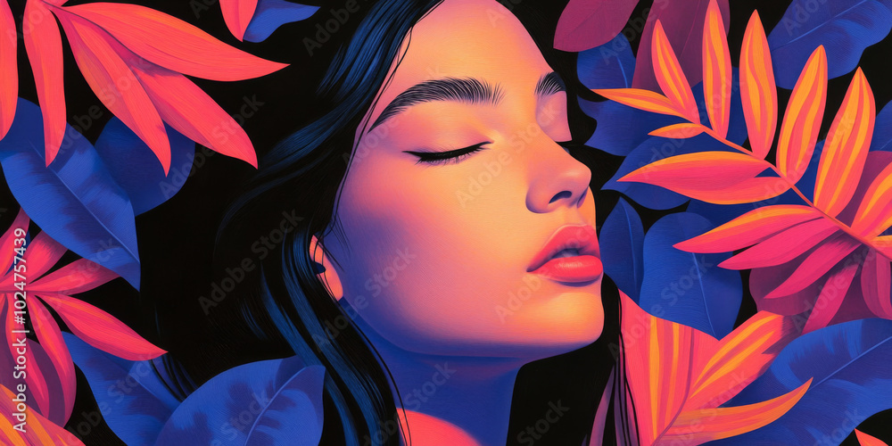 A woman relaxing among vibrant leaves in a serene artistic environment A woman relaxing among vibrant leaves in a serene artistic environment