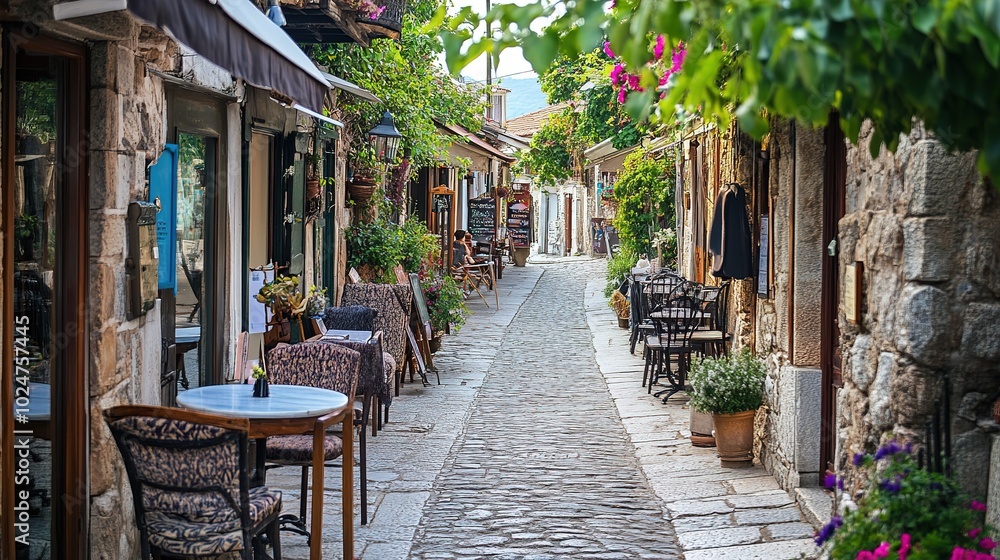 Obraz premium Charming cobblestone street in a quaint village adorned with vibrant flowers and outdoor dining options during a sunny day